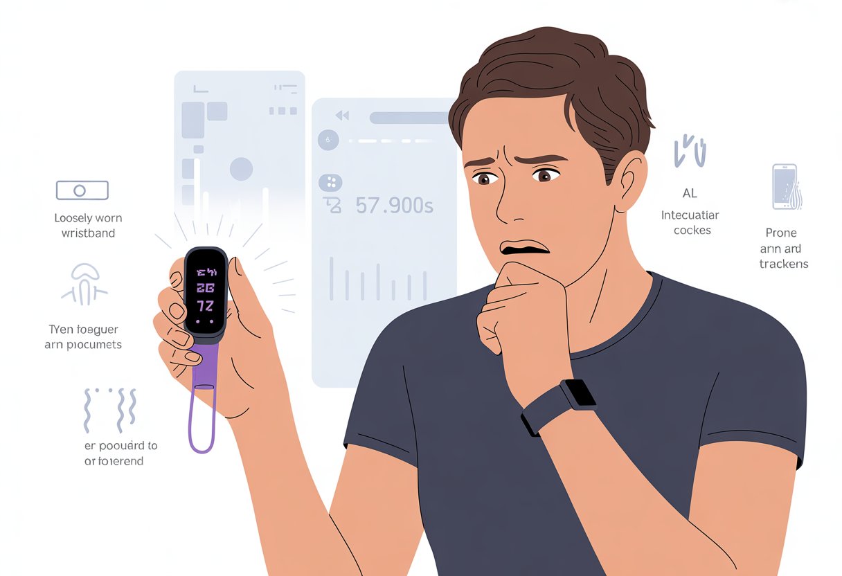 A person closely examining a fitness tracker showing inconsistent step counts, surrounded by icons representing possible causes of inaccuracy.