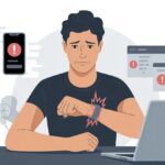 A person looking frustrated at their wrist wearing a fitness tracker, with a smartphone and laptop nearby showing error symbols.