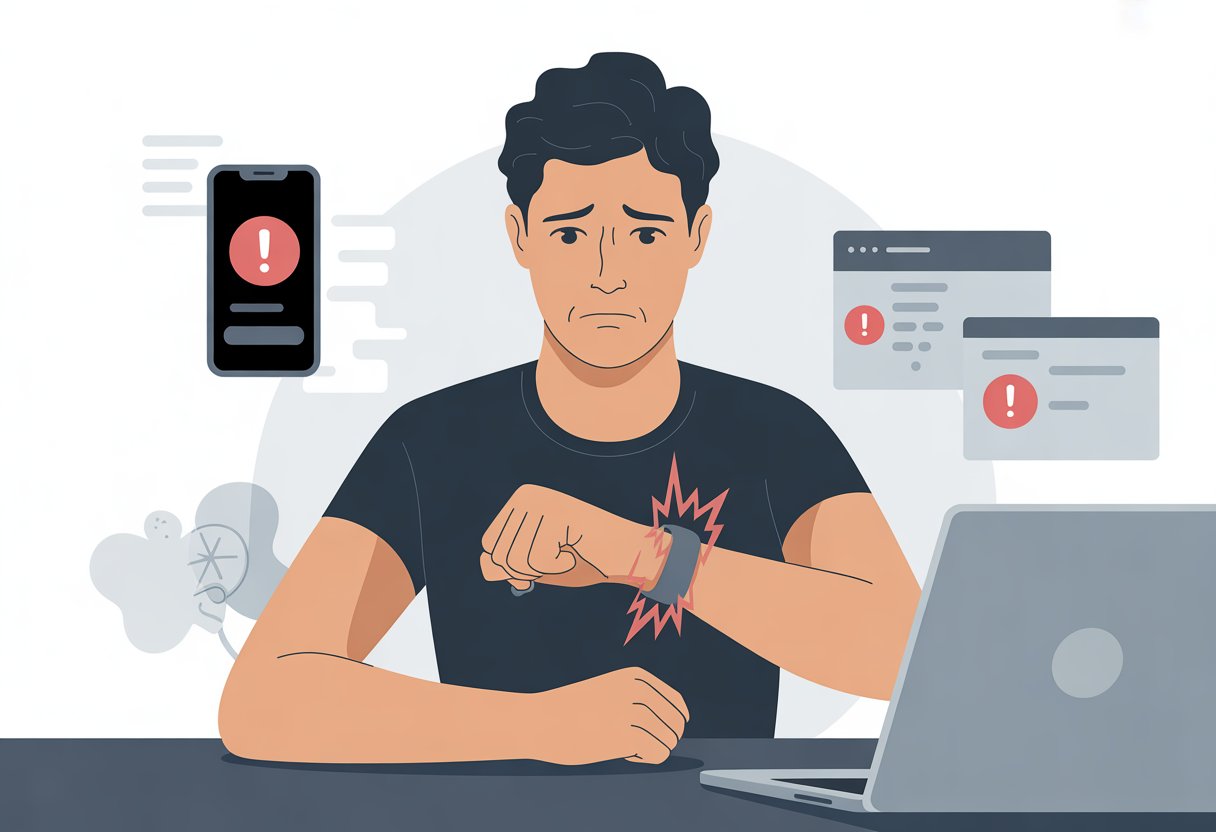 A person looking frustrated at their wrist wearing a fitness tracker, with a smartphone and laptop nearby showing error symbols.