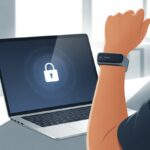 A person wearing a fitness tracker looks at a locked laptop on a desk in an office setting.