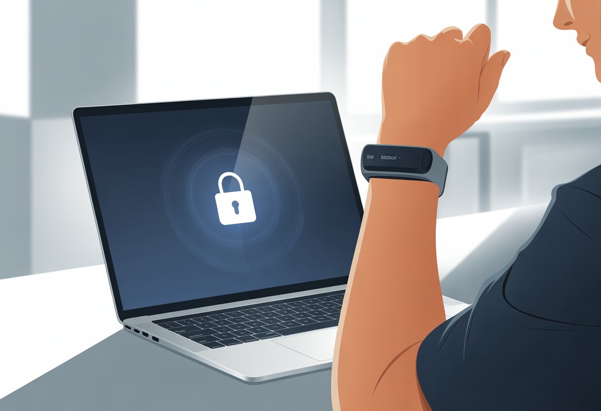A person wearing a fitness tracker looks at a locked laptop on a desk in an office setting.