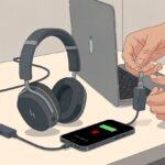 A person inspecting Bluetooth headphones and charging cable on a desk with a smartphone and laptop nearby.