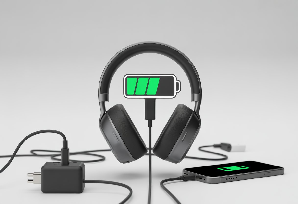Bluetooth headphones connected to a charging cable with a slow charging progress icon above them and visual hints of a dim power adapter and tangled cable nearby.