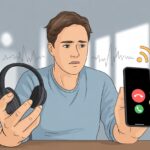 A person holding a smartphone and Bluetooth headphones, looking confused while trying to make a phone call.