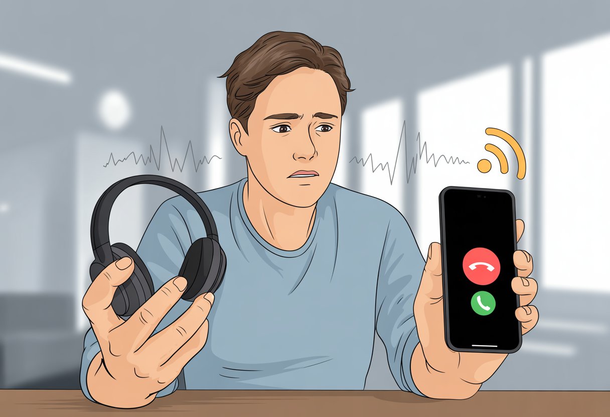 A person holding a smartphone and Bluetooth headphones, looking confused while trying to make a phone call.