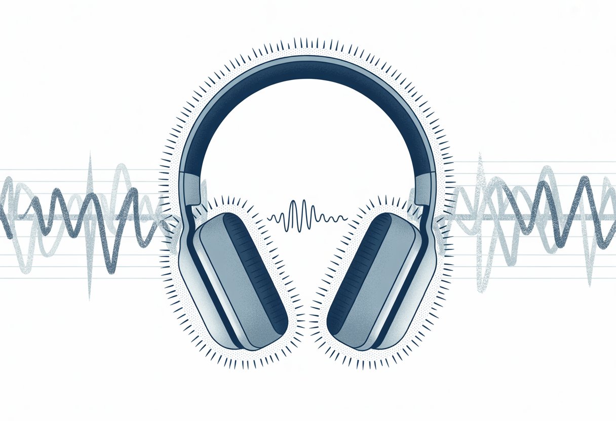 Close-up of Bluetooth headphones with visual sound waves and electronic interference patterns around them.