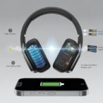 Bluetooth headphones connected to a smartphone showing low battery, with icons representing factors that cause battery drain around the headphones.