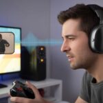 A person wearing Bluetooth headphones playing a video game, with visual cues showing a slight delay between the game action and the sound from the headphones.
