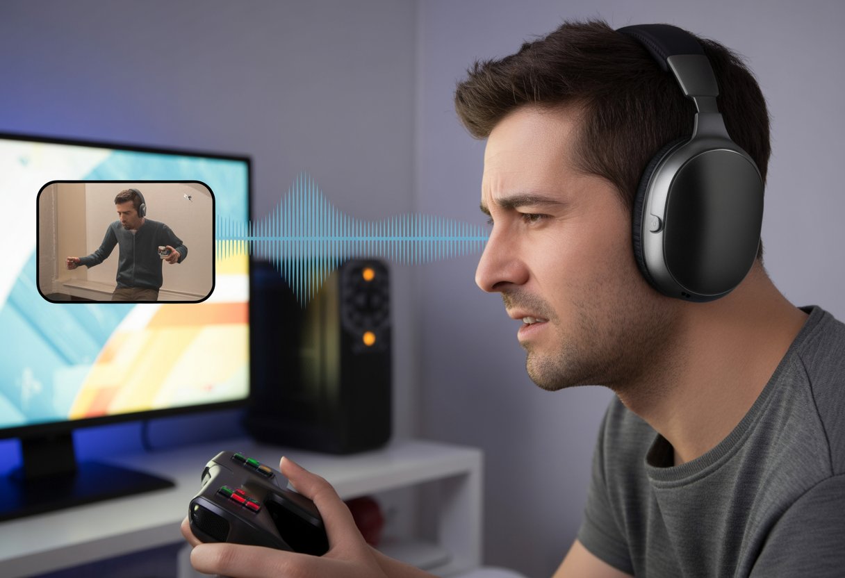 A person wearing Bluetooth headphones playing a video game, with visual cues showing a slight delay between the game action and the sound from the headphones.