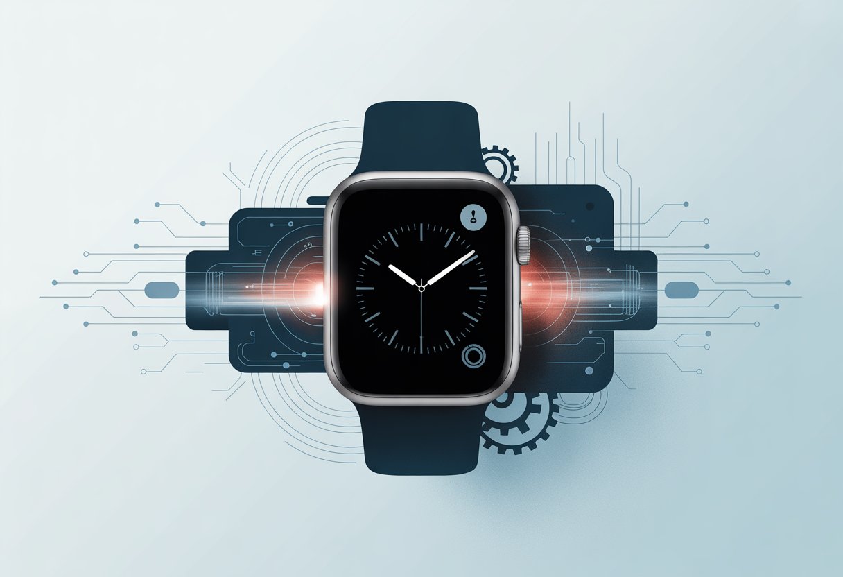 Close-up of a modern smartwatch showing a small warning icon on its screen, surrounded by abstract digital elements representing technology and troubleshooting.