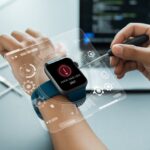 Close-up of a smartwatch showing an error icon, with technician's hands using a tool to fix it in a high-tech workspace.