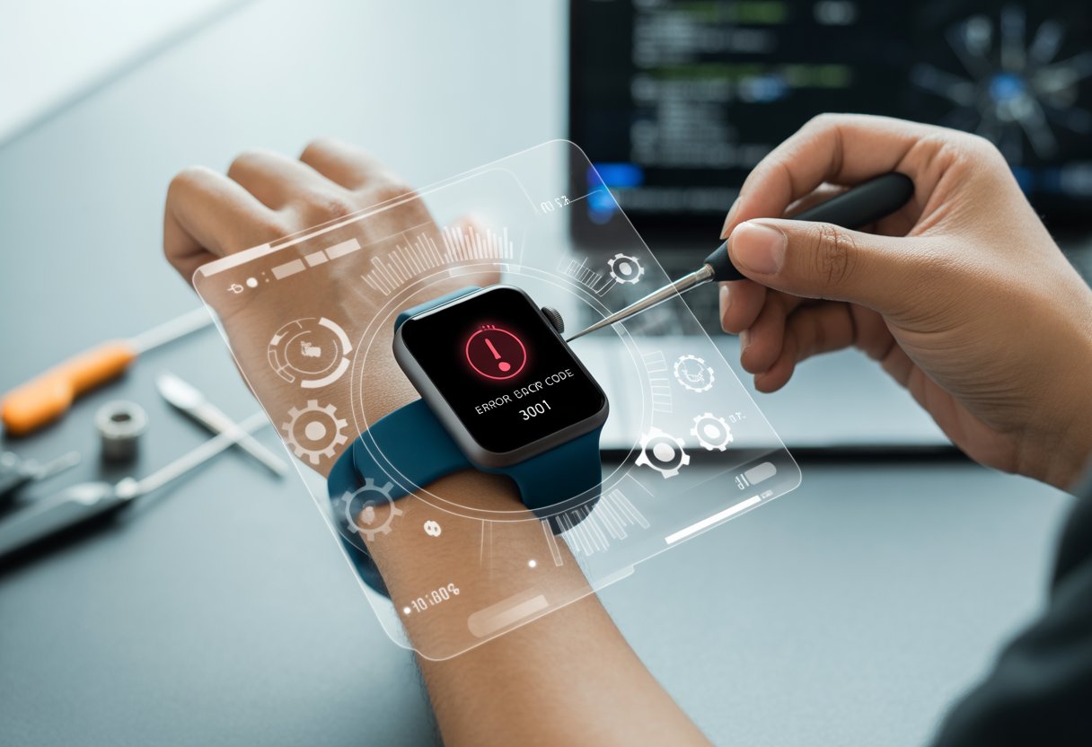 Close-up of a smartwatch showing an error icon, with technician's hands using a tool to fix it in a high-tech workspace.