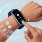 Close-up of a person pressing a button on a fitness tracker on their wrist with digital icons around it, indicating troubleshooting.
