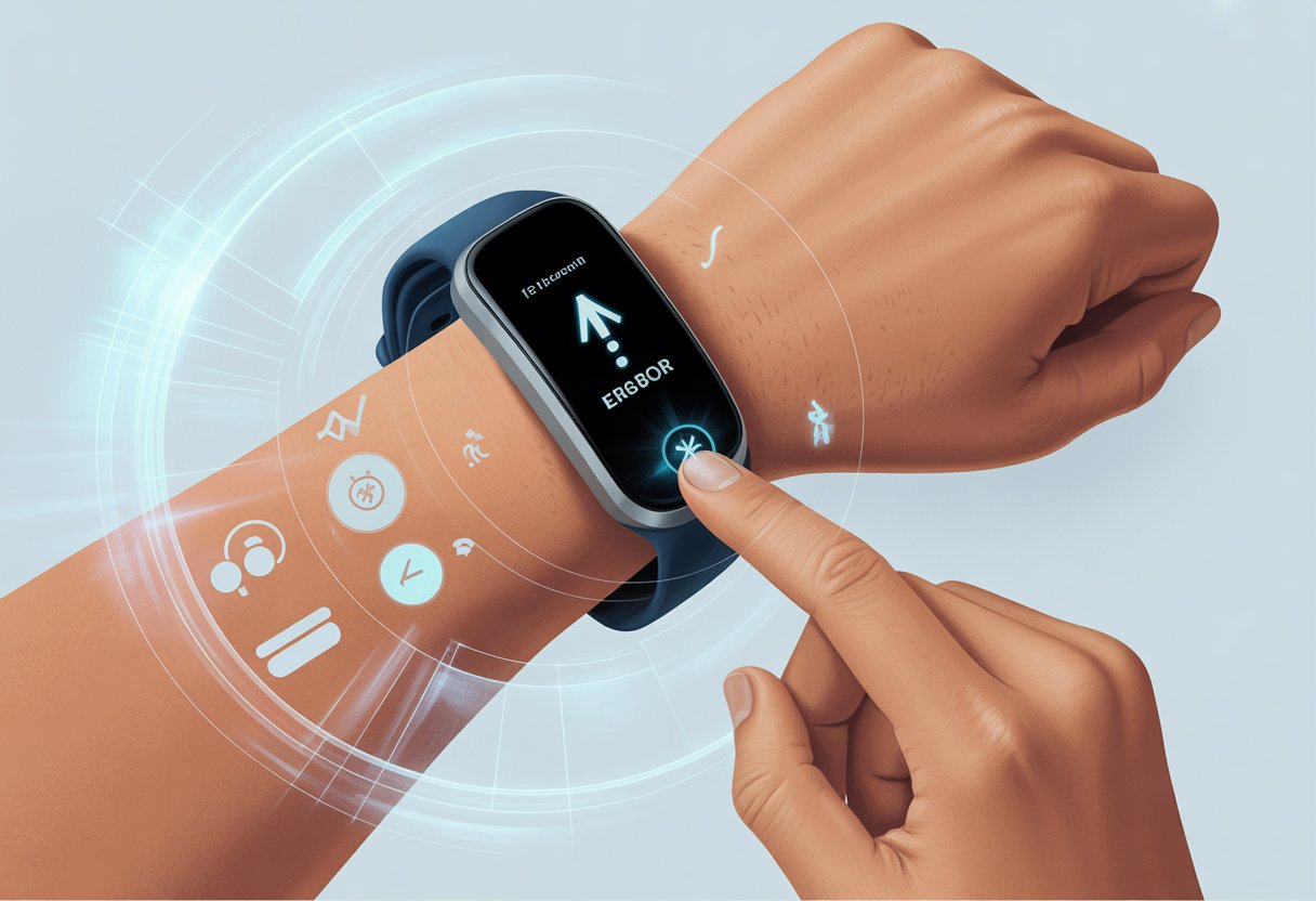 Close-up of a person pressing a button on a fitness tracker on their wrist with digital icons around it, indicating troubleshooting.