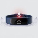 Close-up of a fitness tracker wristband showing a Bluetooth icon with a red warning symbol above it, indicating a connection error.