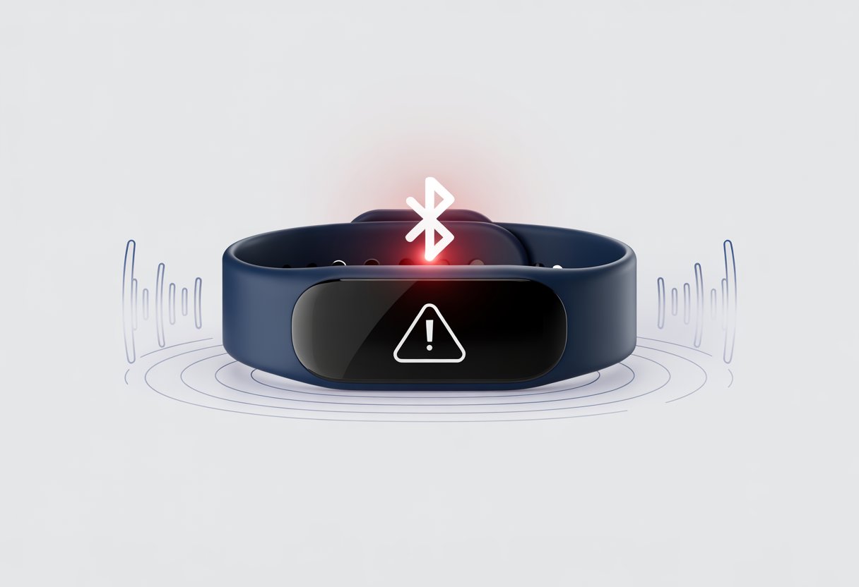 Close-up of a fitness tracker wristband showing a Bluetooth icon with a red warning symbol above it, indicating a connection error.