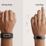 A comparison illustration showing a WHOOP fitness band on a wrist and an Oura ring on a finger, each surrounded by icons representing health tracking features.
