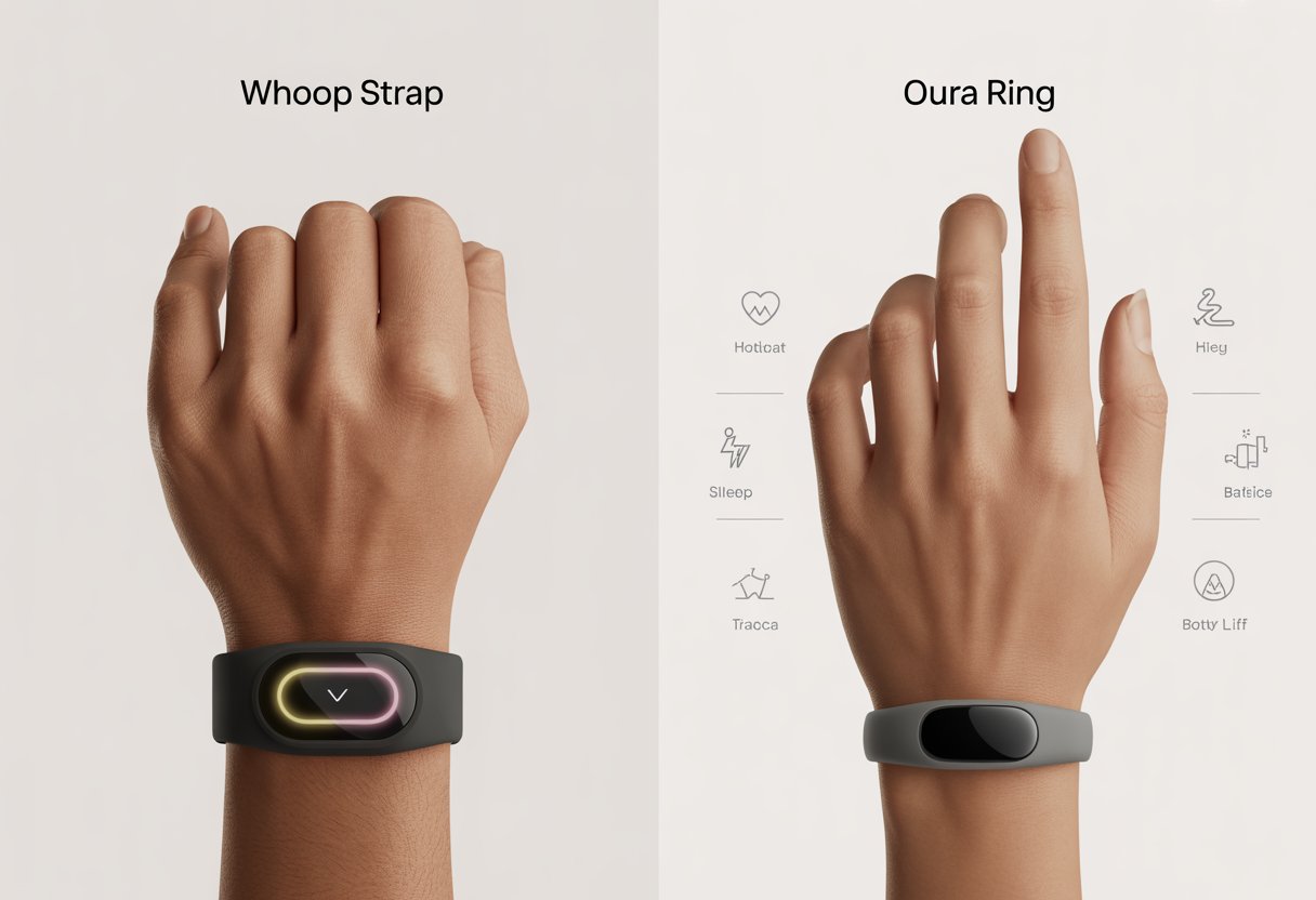A comparison illustration showing a WHOOP fitness band on a wrist and an Oura ring on a finger, each surrounded by icons representing health tracking features.