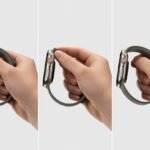Three-panel illustration showing hands removing and replacing the band on a smartwatch.