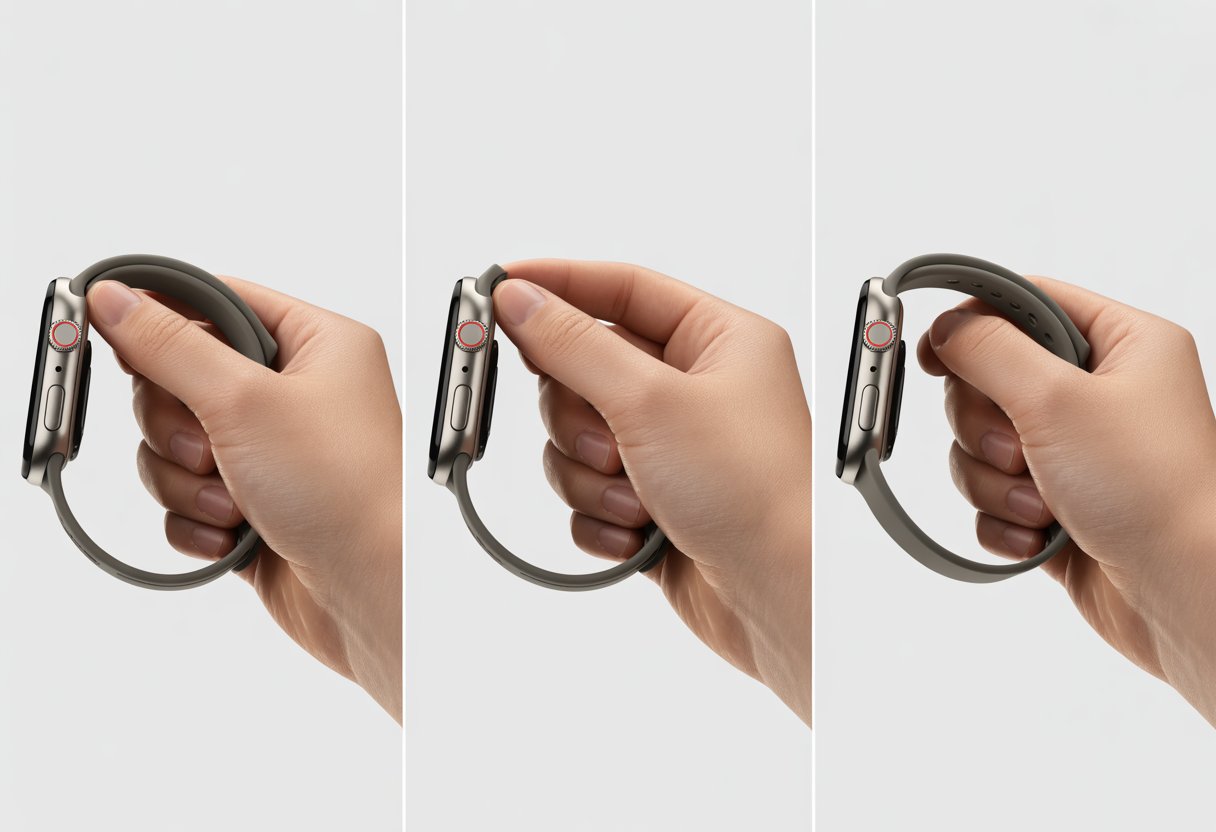 Three-panel illustration showing hands removing and replacing the band on a smartwatch.