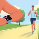 A person jogging outdoors wearing a smartwatch that displays fitness data and coaching features.