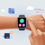 A person wearing a smartwatch interacts with the screen, which shows music icons and digital music files floating around.