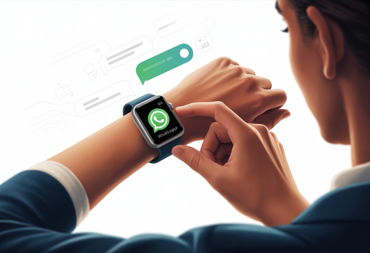 A person using a smartwatch displaying the WhatsApp interface on its screen.