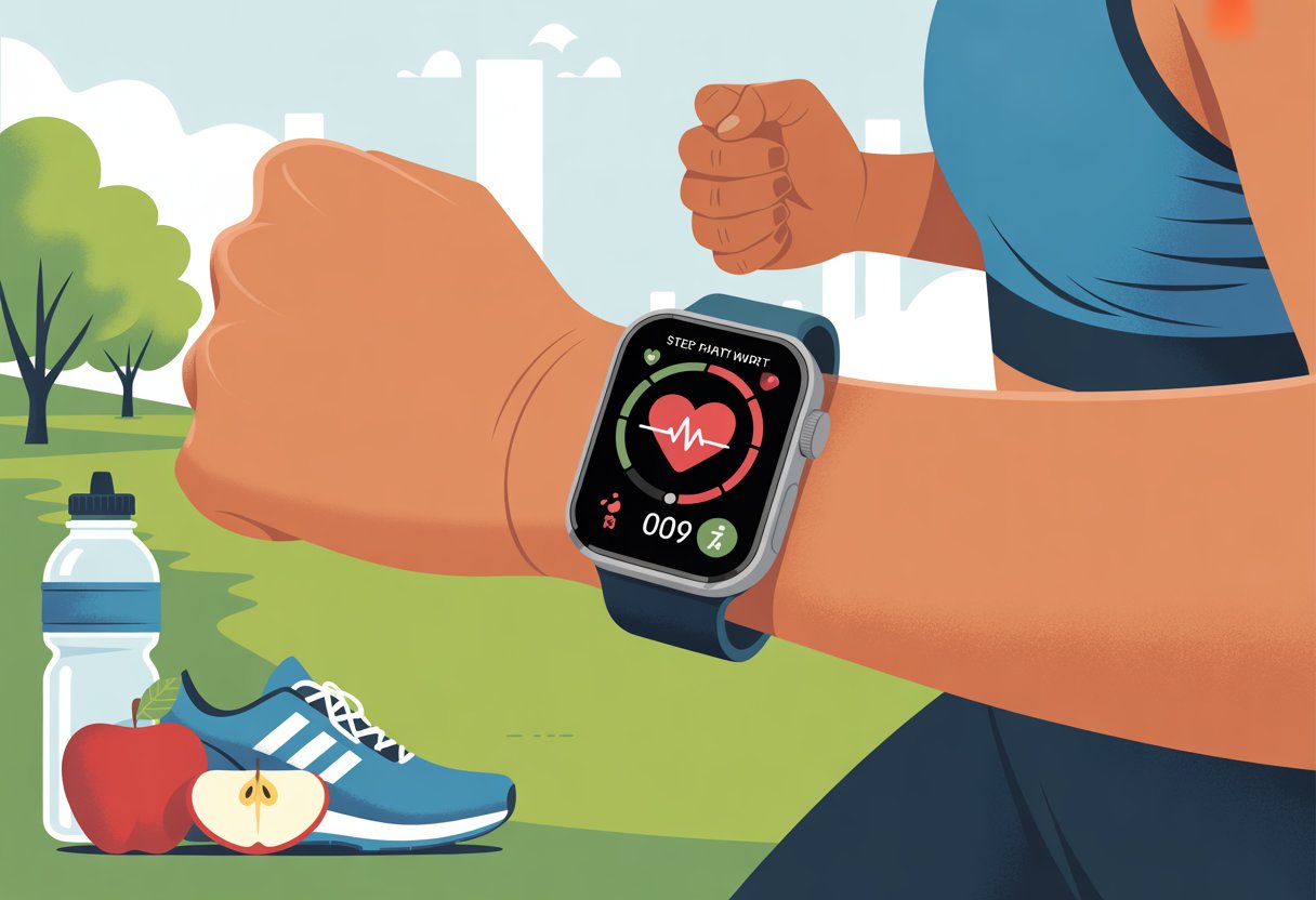 A person jogging outdoors wearing a smartwatch displaying health data, surrounded by fitness items like a water bottle and running shoes.
