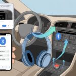 Inside a car, a pair of Bluetooth headphones is shown near the dashboard with the car stereo and a smartphone displaying Bluetooth settings, illustrating connecting the headphones to the car stereo.
