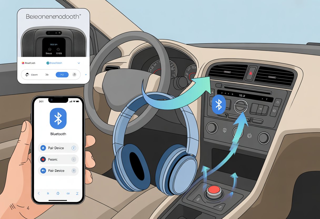 Inside a car, a pair of Bluetooth headphones is shown near the dashboard with the car stereo and a smartphone displaying Bluetooth settings, illustrating connecting the headphones to the car stereo.