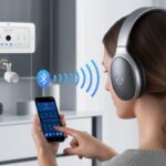 A person wearing Bluetooth headphones uses a smartphone to control a home security system with a wall-mounted panel and wireless signals connecting the devices.