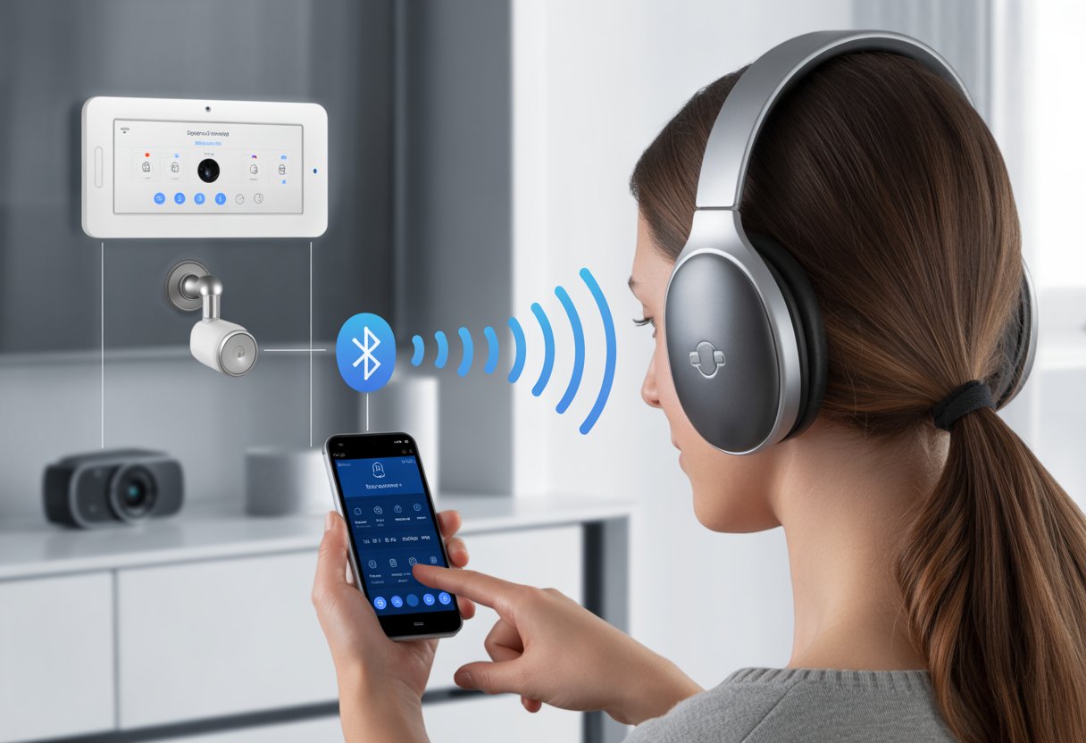 A person wearing Bluetooth headphones uses a smartphone to control a home security system with a wall-mounted panel and wireless signals connecting the devices.