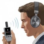A voice recorder wirelessly connected to Bluetooth headphones with signal waves between them.