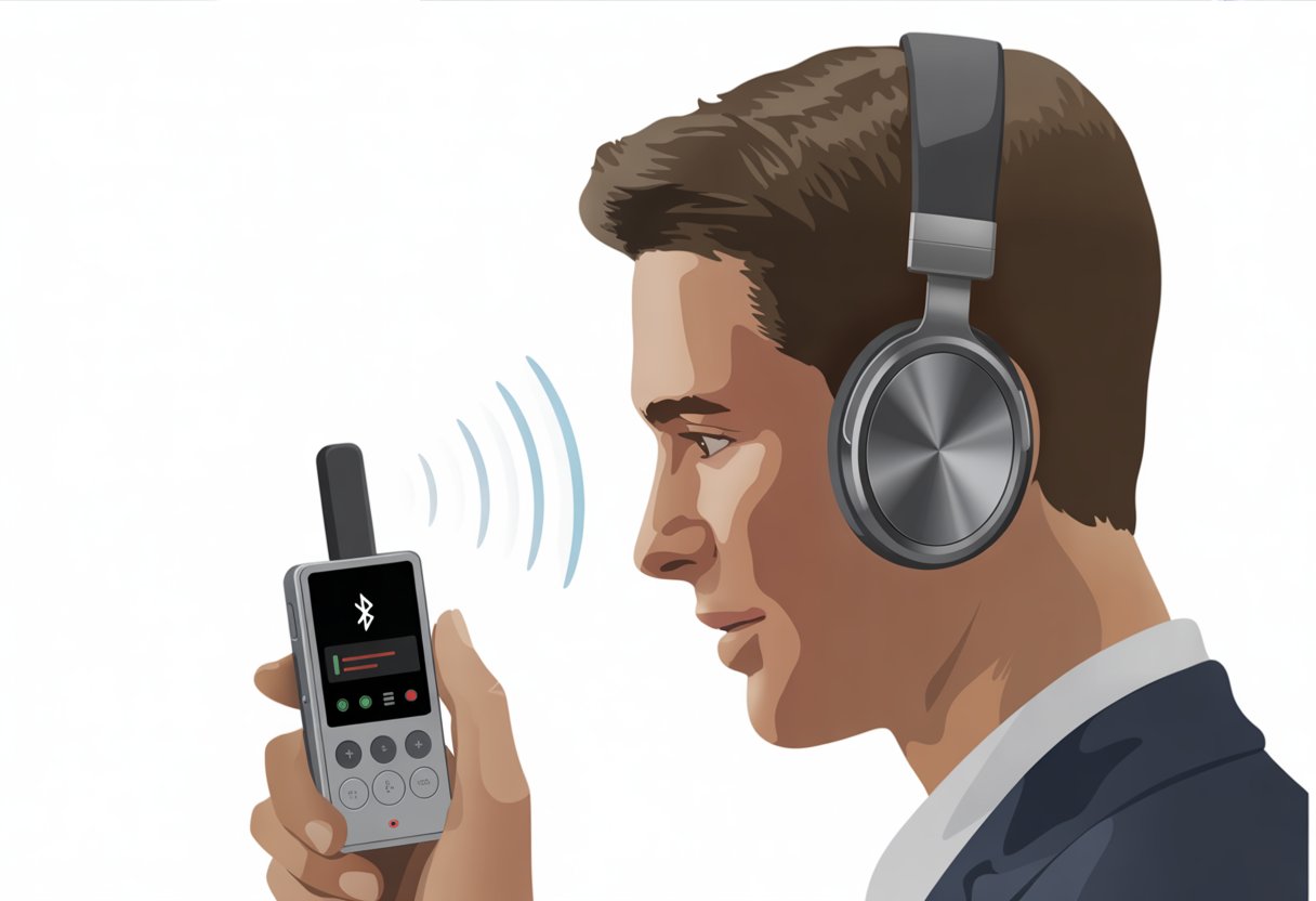 A voice recorder wirelessly connected to Bluetooth headphones with signal waves between them.