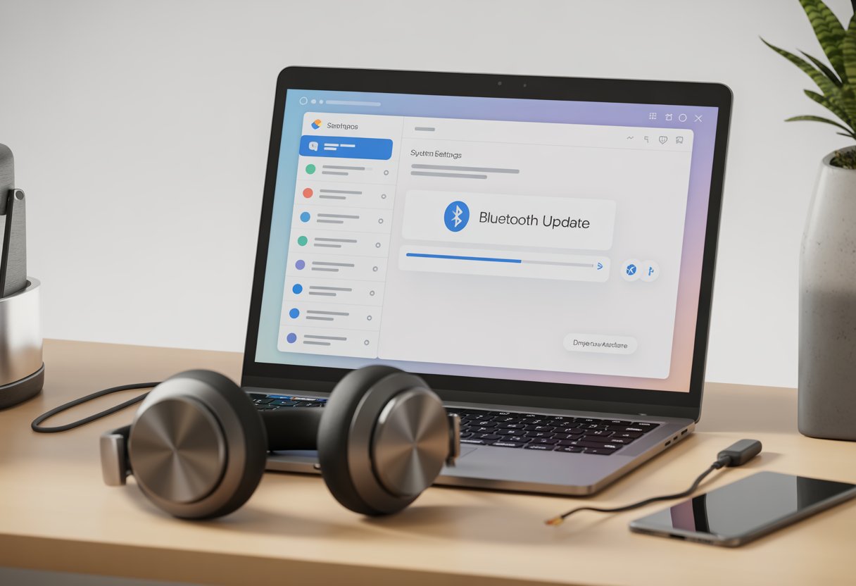 A workspace with a laptop showing a Bluetooth driver update screen and wireless headphones resting nearby on the desk.
