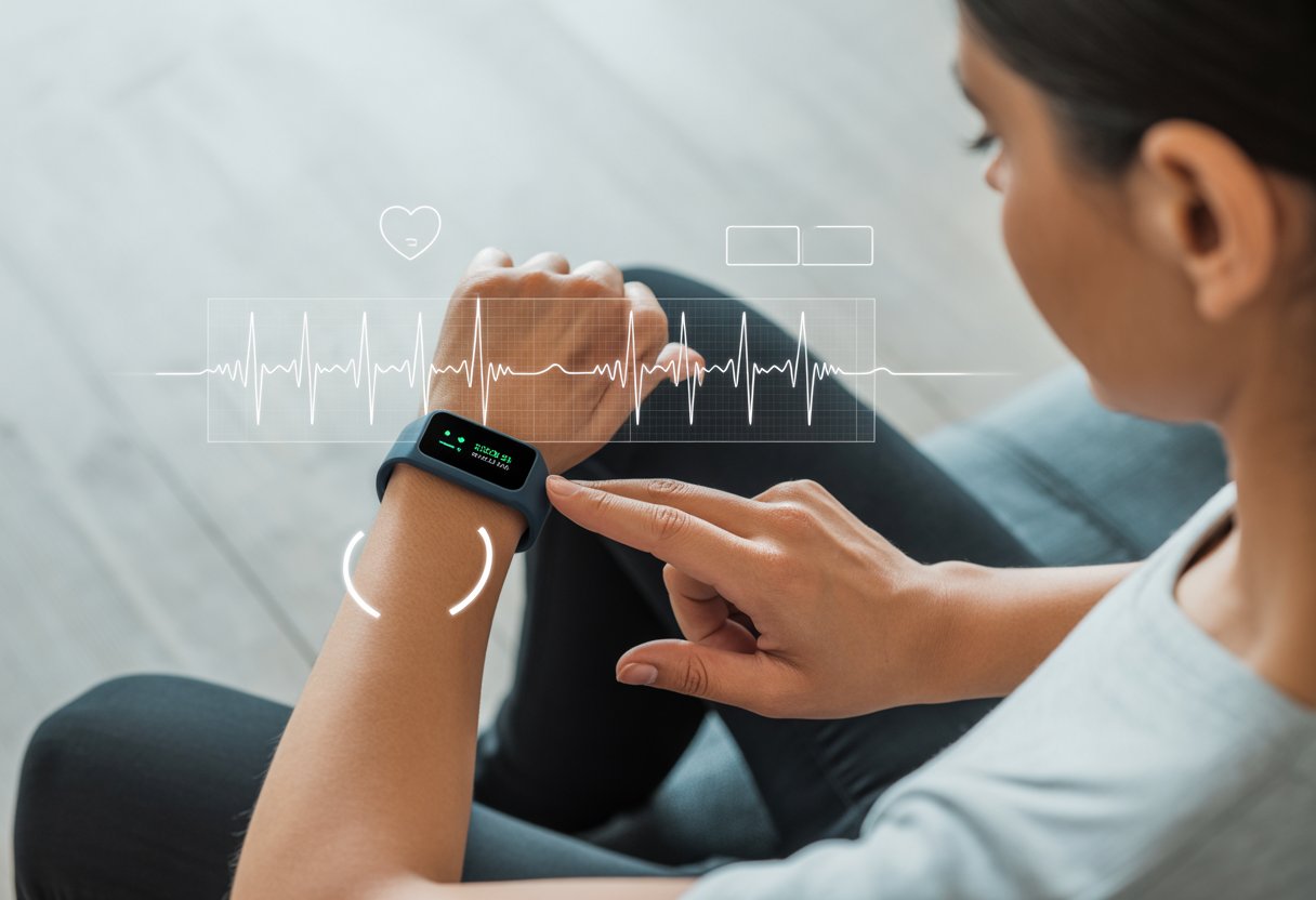 A person wearing a fitness tracker on their wrist, using it to take an ECG reading.