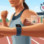 A person outdoors on a running track checking a fitness tracker on their wrist during interval training.