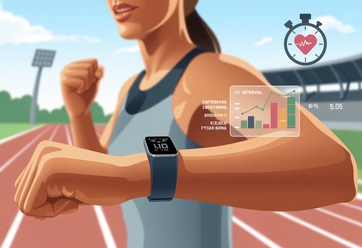 A person outdoors on a running track checking a fitness tracker on their wrist during interval training.