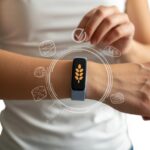 A person wearing a fitness tracker on their wrist with icons of gluten-containing foods like bread and pasta connected to the tracker.