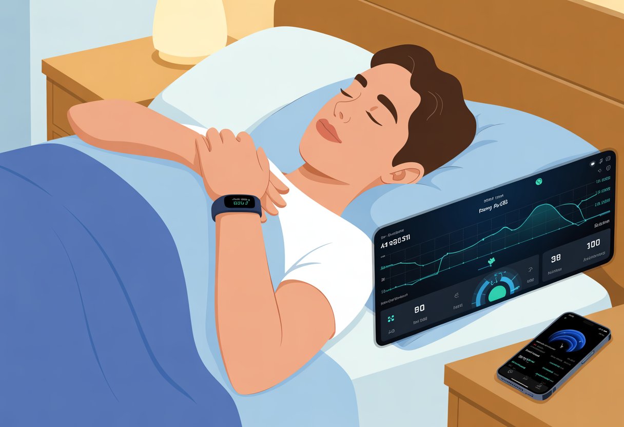 A person sleeping in bed wearing a fitness tracker, with a smartphone nearby showing sleep monitoring data.