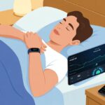 A person sleeping in bed wearing a fitness tracker, with a smartphone nearby showing sleep monitoring data.