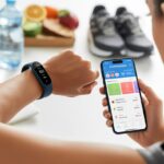 How to use a fitness tracker with MyFitnessPal and Outsmart Your Lazy Days A person wearing a fitness tracker on their wrist and holding a smartphone displaying a fitness and nutrition app, with fitness-related items like running shoes and healthy food nearby.