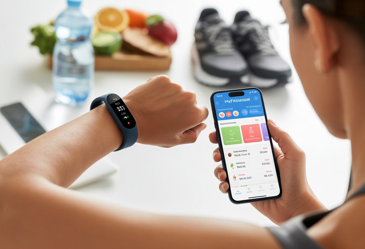 A person wearing a fitness tracker on their wrist and holding a smartphone displaying a fitness and nutrition app, with fitness-related items like running shoes and healthy food nearby.