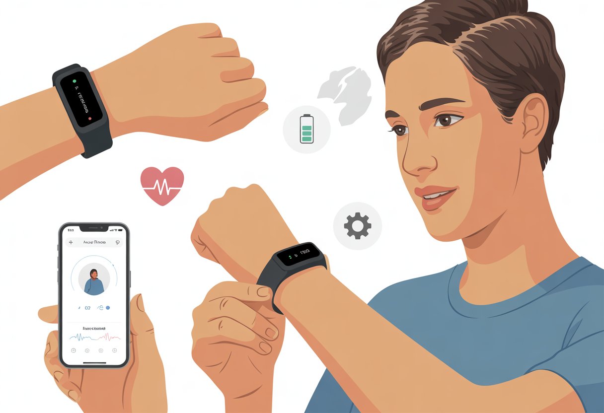 A person wearing a fitness tracker on their wrist, adjusting the strap while a smartphone shows syncing with the device.