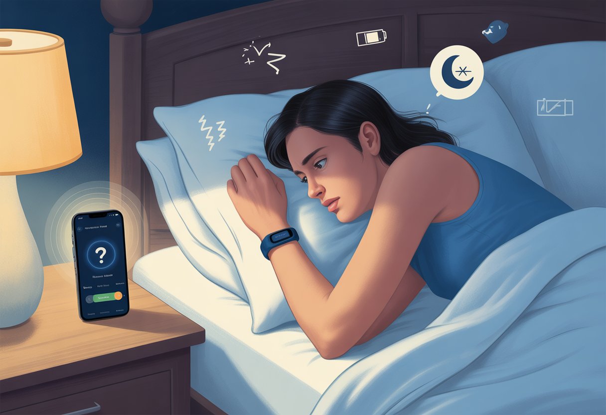 Person lying in bed wearing a fitness tracker, looking puzzled, with a phone showing a sleep tracking app and icons indicating issues with sleep tracking.