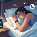 Person lying in bed wearing a fitness tracker, looking puzzled, with a phone showing a sleep tracking app and icons indicating issues with sleep tracking.