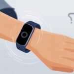 Close-up of a fitness tracker on a wrist showing a restarting animation with a modern, tech-inspired background.