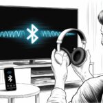 A person holding Bluetooth headphones near a TV, looking confused as the devices fail to connect.