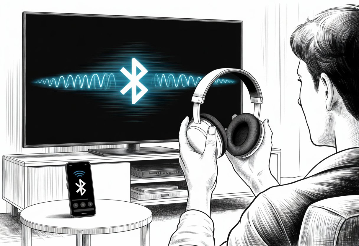A person holding Bluetooth headphones near a TV, looking confused as the devices fail to connect.