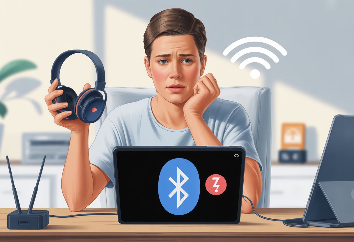 A person at a desk looking confused while holding Bluetooth headphones and a tablet showing a Bluetooth error icon.